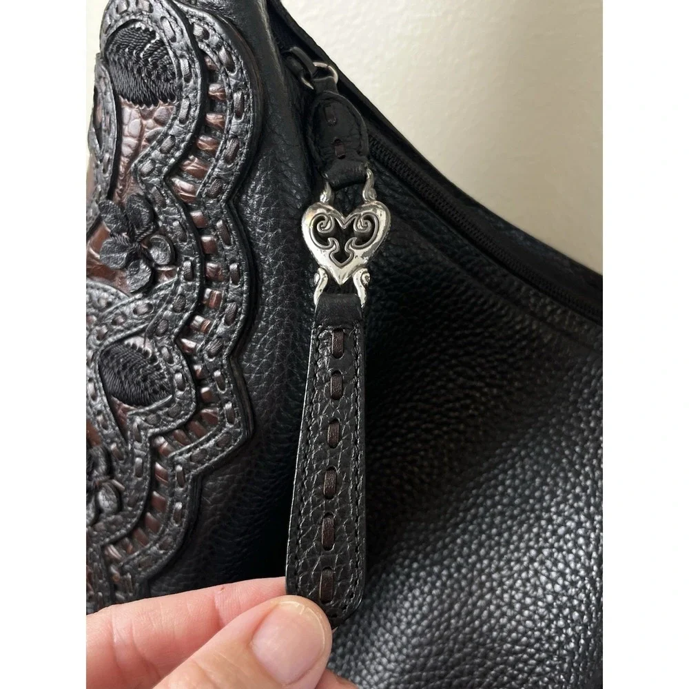 BRIGHTON Masterpiece Niki Hobo Leather Lace Shoulder Handbag Black Y2K